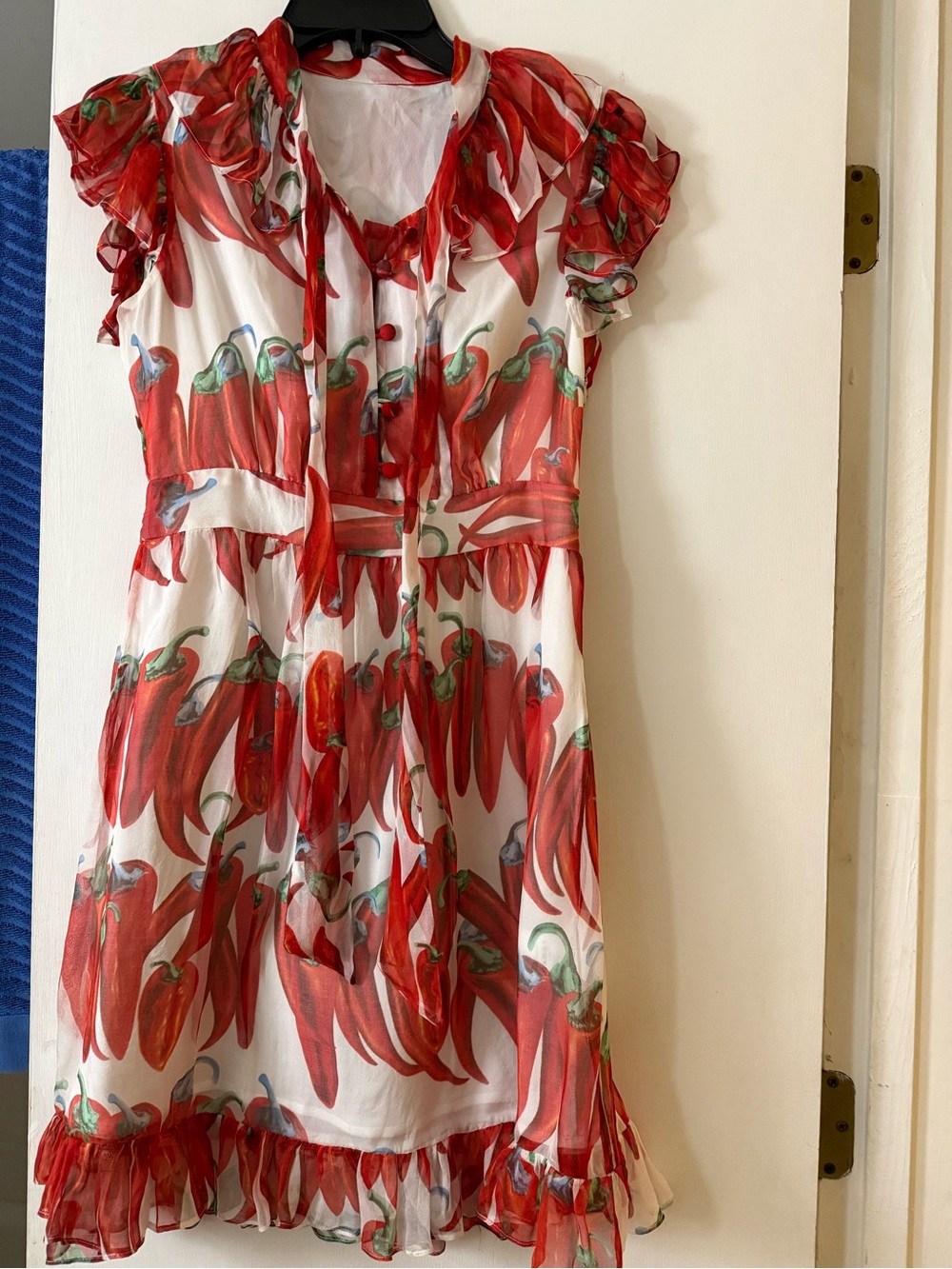 Red Pepper-Print Ruffle Casual Dress